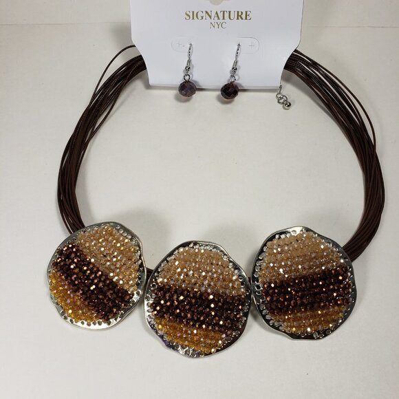 Signature NYC, Multi layers Brown Cord 3 Beaded Big Silver discs, & Earrings set - Picture 6 of 9
